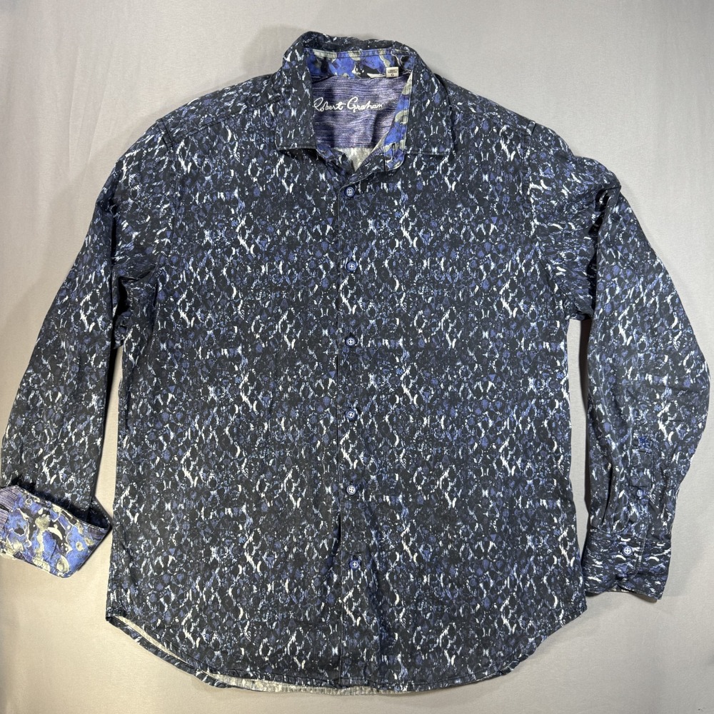 Robert Graham Mens Large Blue Black Abstract Print Button Down Shirt Classic Fit